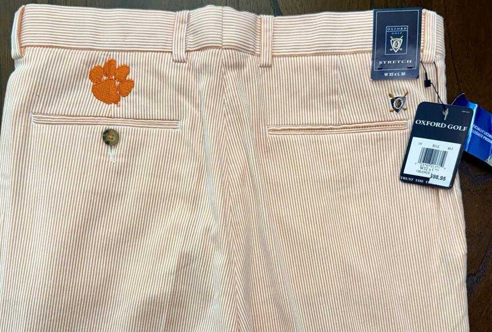 NEW Oxford Golf Clemson Men's Orange White Seersucker Preppy Pants Size 32 X 30